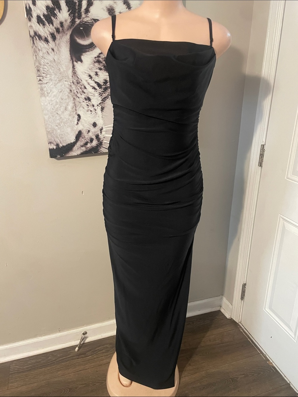 Windsor Black Cowl-Neck Ruched Maxi Dress Bodycon formal gothic bride Medium